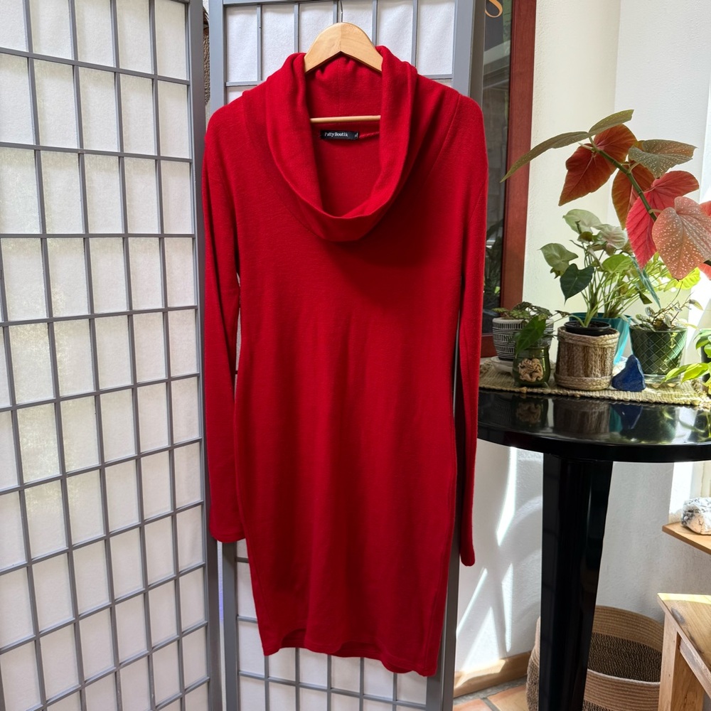 PattyBoutik Bold Red Cowl Neck Knit Dress